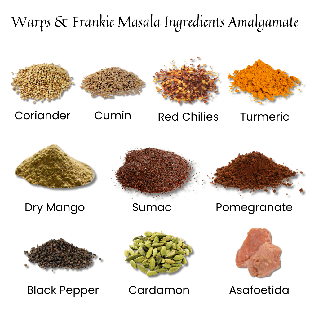 Flat-lay of 12 labeled spices used in the Wraps & Frankie Masala blend, including coriander, cumin, red chilies, turmeric, dry mango, sumac, pomegranate, cardamom, and asafetida.