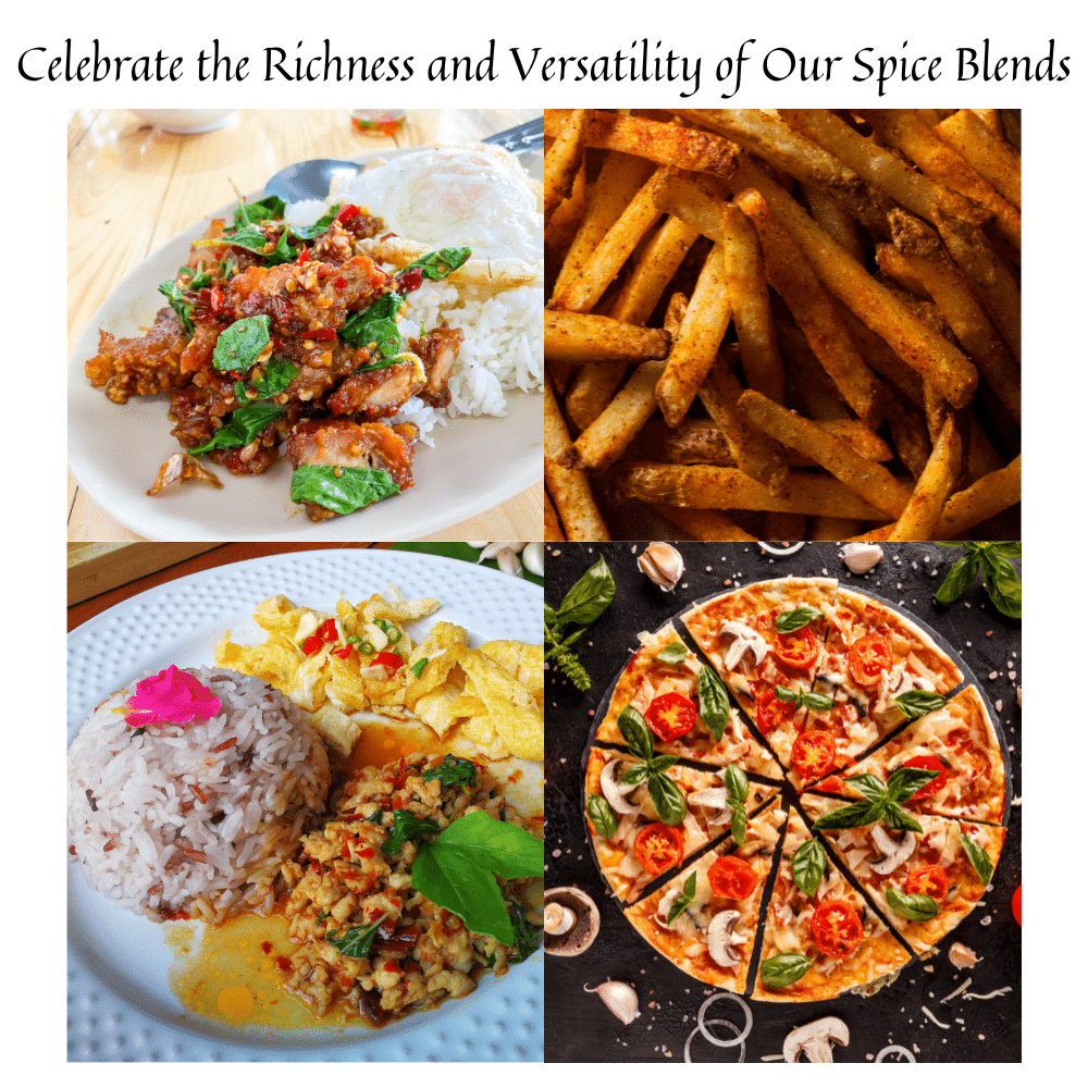 Four-image collage showing spice blend versatility—fries, pizza, curry bowls, and stir-fried rice with caption 'Celebrate the Richness and Versatility of Our Spice Blends.