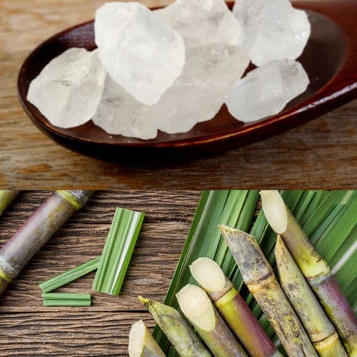 Close-up of white mishri (rock sugar) crystals on a wooden spoon, with fresh sugarcane stalks and green leaves in the background, illustrating the natural origin of mishri from sugarcane