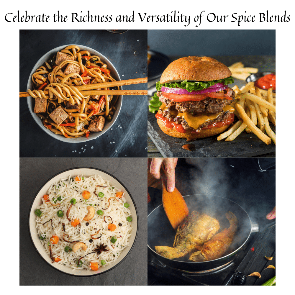 Four-image collage showing diverse dishes made with spice blends: stir-fried noodles with tofu and vegetables, a cheeseburger with fries, vegetable pulao rice, and spiced fish fillets being cooked in a pan. Caption reads ‘Celebrate the Richness and Versatility of Our Spice Blends.