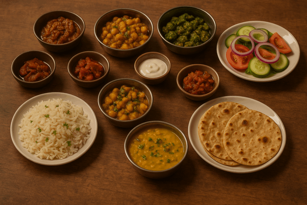 Indian vegetarian meal setup with basmati rice, yellow dal, chana masala, leafy green curry, fresh salad, yogurt, pickles, and chapatis on a wooden table, presented without hands for a clean, focused view of the food.
